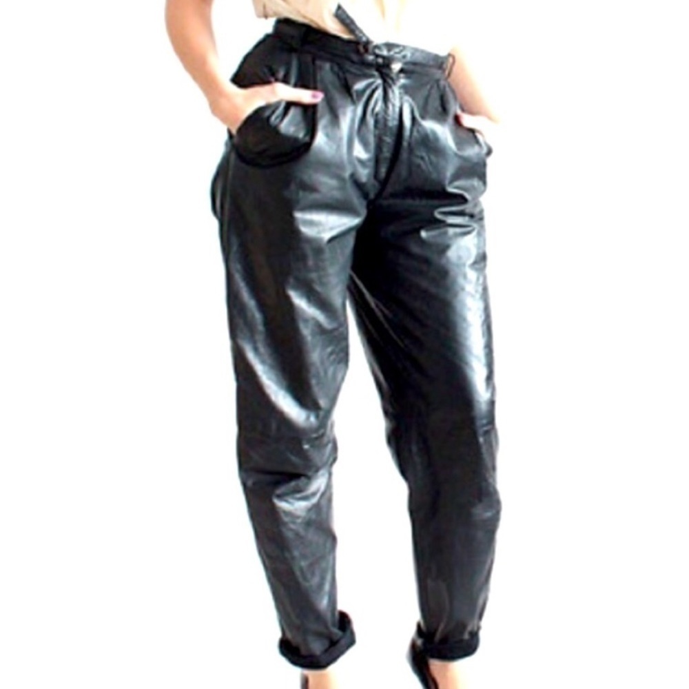 Vintage Harve Bernard 80’s Black Leather High Rise Trouser Pants Size 8